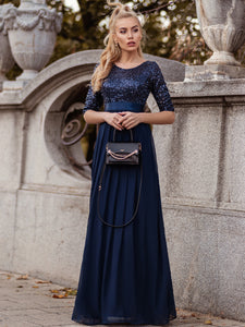 Color=Navy Blue | Elegant Round Neckline 3/4 Sleeve Sequins Patchwork Evening Dress-Navy Blue 2