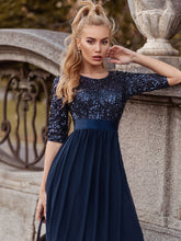 Load image into Gallery viewer, Color=Navy Blue | Elegant Round Neckline 3/4 Sleeve Sequins Patchwork Evening Dress-Navy Blue 4