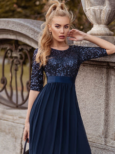 Color=Navy Blue | Elegant Round Neckline 3/4 Sleeve Sequins Patchwork Evening Dress-Navy Blue 4