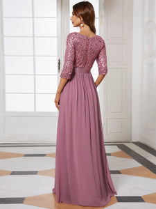 Color=Orchid | Elegant Round Neckline 3/4 Sleeve Sequins Patchwork Evening Dress-Orchid 2