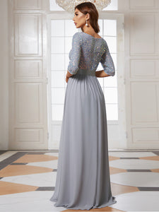 Color=Silver | Elegant Round Neckline 3/4 Sleeve Sequins Patchwork Evening Dress-Silver 2