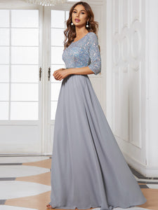 Color=Silver | Elegant Round Neckline 3/4 Sleeve Sequins Patchwork Evening Dress-Silver 3