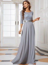 Load image into Gallery viewer, Color=Silver | Elegant Round Neckline 3/4 Sleeve Sequins Patchwork Evening Dress-Silver 4