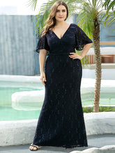Load image into Gallery viewer, Color=Navy Blue | V Neck Flowy Sleeve Plus Size Fishtail Lace Evening Dresses-Navy Blue 3