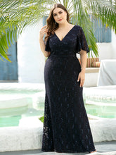 Load image into Gallery viewer, Color=Navy Blue | V Neck Flowy Sleeve Plus Size Fishtail Lace Evening Dresses-Navy Blue 4