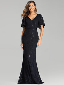 Color=Navy Blue | Elegant Ruffle Sleeves Mermaid Lace Evening Dresses With Beads-Navy Blue 4