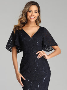 Color=Navy Blue | Elegant Ruffle Sleeves Mermaid Lace Evening Dresses With Beads-Navy Blue 5