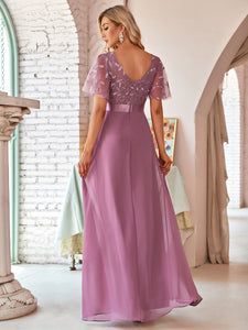 Color=Orchid | Flattering Round Neck Wholesale Bridesmaid Dresses with Ruffle Sleeves-Orchid 2