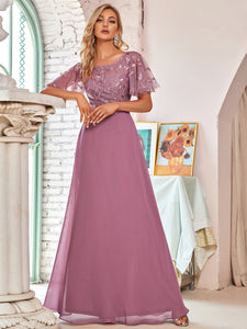 Color=Orchid | Flattering Round Neck Wholesale Bridesmaid Dresses with Ruffle Sleeves-Orchid 3