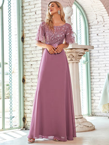 Color=Orchid | Flattering Round Neck Wholesale Bridesmaid Dresses with Ruffle Sleeves-Orchid 4