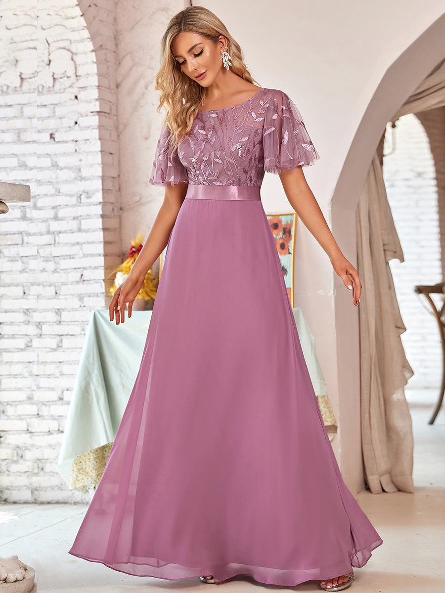 Color=Orchid | Flattering Round Neck Wholesale Bridesmaid Dresses with Ruffle Sleeves-Orchid 1