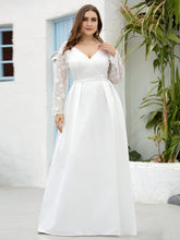 Load image into Gallery viewer, Color=White | Elegant Plus Size A-Line Lace Long Sleeves Wedding Dress-White 3