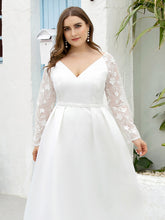 Load image into Gallery viewer, Color=White | Elegant Plus Size A-Line Lace Long Sleeves Wedding Dress-White 5