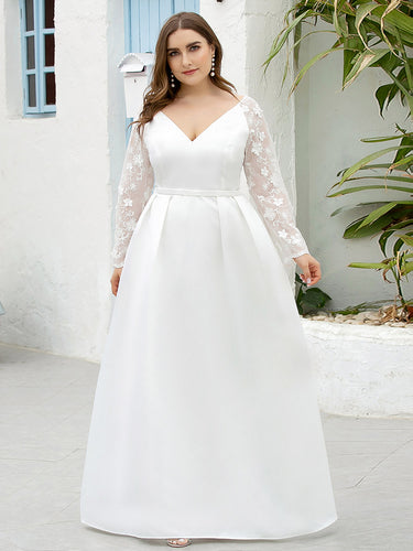 Color=White | Elegant Plus Size A-Line Lace Long Sleeves Wedding Dress-White 1