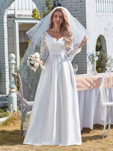 Load image into Gallery viewer, Color=White | Elegant Simple Satin Wedding Gown With Lace Long Sleeves-White 1