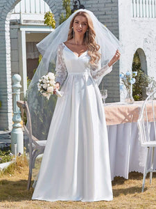 Color=White | Elegant Simple Satin Wedding Gown With Lace Long Sleeves-White 1