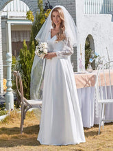 Load image into Gallery viewer, Color=White | Elegant Simple Satin Wedding Gown With Lace Long Sleeves-White 4