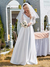 Load image into Gallery viewer, Color=White | Elegant Simple Satin Wedding Gown With Lace Long Sleeves-White 5