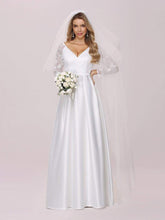 Load image into Gallery viewer, Color=White | Elegant Simple Satin Wedding Gown With Lace Long Sleeves-White 6