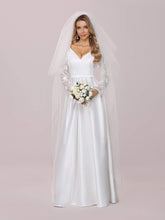Load image into Gallery viewer, Color=White | Elegant Simple Satin Wedding Gown With Lace Long Sleeves-White 7
