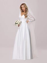Load image into Gallery viewer, Color=White | Elegant Simple Satin Wedding Gown With Lace Long Sleeves-White 8