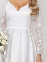Load image into Gallery viewer, Color=White | Elegant Simple Satin Wedding Gown With Lace Long Sleeves-White 9