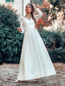 Color=White | Women'S A-Line Lace Long Sleeves Wedding Dress-White 9