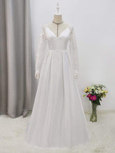 Load image into Gallery viewer, Color=White | Elegant Simple Satin Wedding Gown With Lace Long Sleeves-White 10