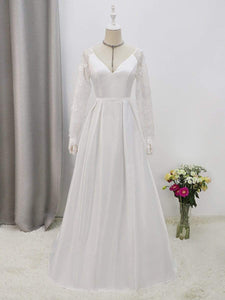 Color=White | Elegant Simple Satin Wedding Gown With Lace Long Sleeves-White 10