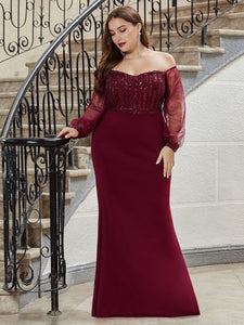 Color=Burgundy | Elegant Plus Size Fishtail Evening Dress with Sequin-Burgundy 3