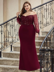 Color=Burgundy | Elegant Plus Size Fishtail Evening Dress with Sequin-Burgundy 4