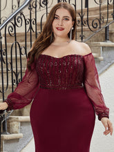 Load image into Gallery viewer, Color=Burgundy | Elegant Plus Size Fishtail Evening Dress with Sequin-Burgundy 5
