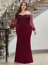 Load image into Gallery viewer, Color=Burgundy | Elegant Plus Size Fishtail Evening Dress with Sequin-Burgundy 1