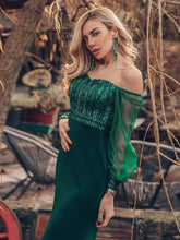 Load image into Gallery viewer, Color=Dark Green | Women&#39;S Fashion Off Shoulder Sequin Evening Dress-Dark Green 2