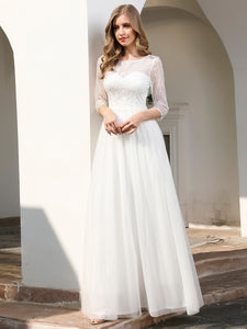 Colo=Cream | Elegant Round Neckline Tulle Wedding Dresses With Floral Lace-Colo=Cream 3