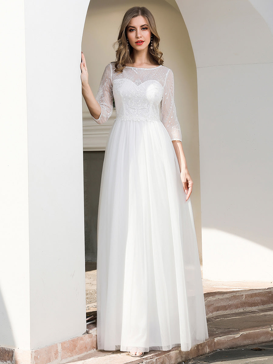 Colo=Cream | Elegant Round Neckline Tulle Wedding Dresses With Floral Lace-Colo=Cream 1