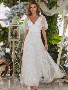 Efashiongirl Ever-Pretty V-Neckline Tulle sleeves Lace Appliqued Wedding Dress EP00723
