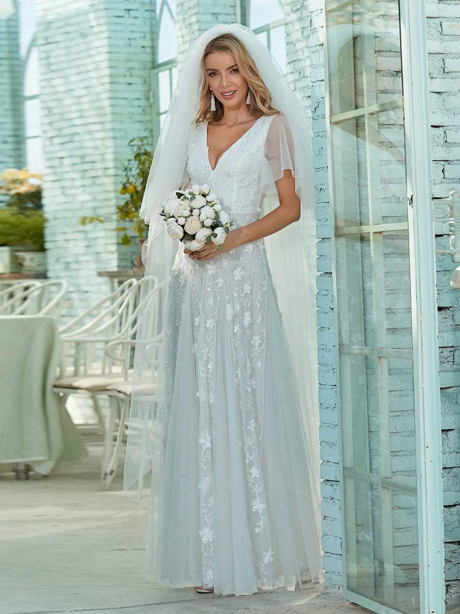 Color=White | Simple Maxi Floral Lace Wedding Dress With Deep V Neck-White 1