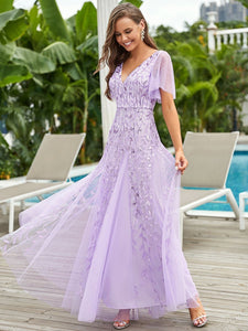 Color=Lavender | Glamorous Short Ruffle Sleeves A Line Wholesale Dresses-Lavender 3