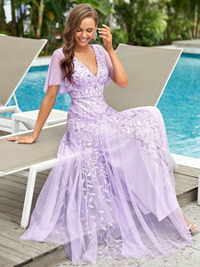 Color=Lavender | Glamorous Short Ruffle Sleeves A Line Wholesale Dresses-Lavender 4