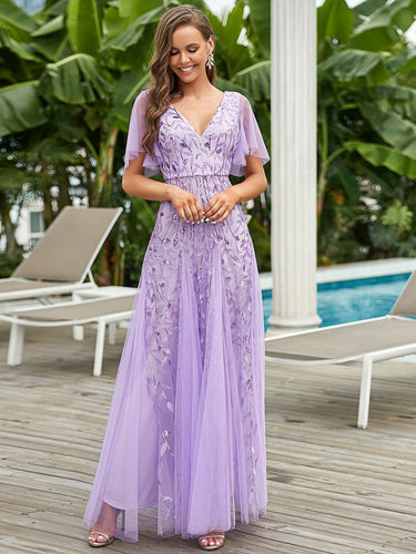 Color=Lavender | Glamorous Short Ruffle Sleeves A Line Wholesale Dresses-Lavender 1