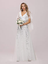 Load image into Gallery viewer, Color=White | Modern Floor Length Embroidered Sequined Tulle Wedding Dress-White 4