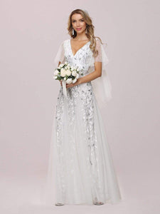 Color=White | Modern Floor Length Embroidered Sequined Tulle Wedding Dress-White 4