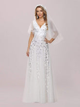 Load image into Gallery viewer, Color=White | Modern Floor Length Embroidered Sequined Tulle Wedding Dress-White 6