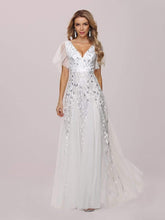 Load image into Gallery viewer, Color=White | Modern Floor Length Embroidered Sequined Tulle Wedding Dress-White 7