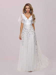Color=White | Modern Floor Length Embroidered Sequined Tulle Wedding Dress-White 7