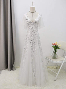 Color=White | Modern Floor Length Embroidered Sequined Tulle Wedding Dress-White 8