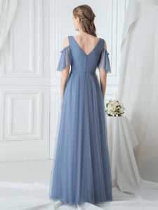 Color=Dusty Navy|Ruffle Sleeves Deep V-neck Applique Bridesmaid Dress-Dusty Blue 2