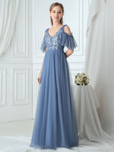 Load image into Gallery viewer, Color=Dusty Navy|Ruffle Sleeves Deep V-neck Applique Bridesmaid Dress-Dusty Blue 4