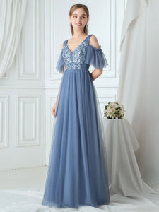Color=Dusty Navy|Ruffle Sleeves Deep V-neck Applique Bridesmaid Dress-Dusty Blue 4